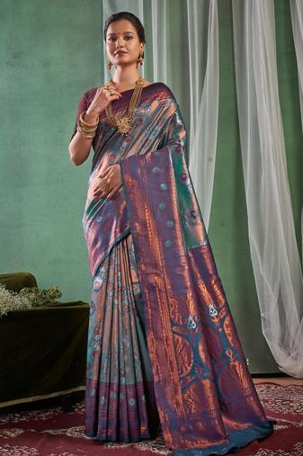 Fashionable rama green woven silk cotton saree with unstitched blouse