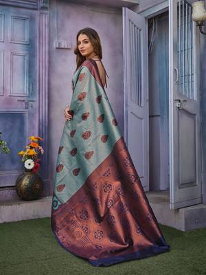Soft sky blue banarasi art silk jacquard saree with unstitched blouse 4