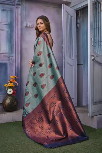 Soft sky blue banarasi art silk jacquard saree with unstitched blouse
