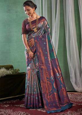 Fashionable rama green woven silk cotton saree with unstitched blouse 2