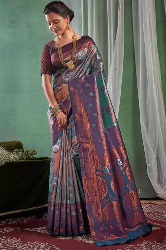 Fashionable rama green woven silk cotton saree with unstitched blouse