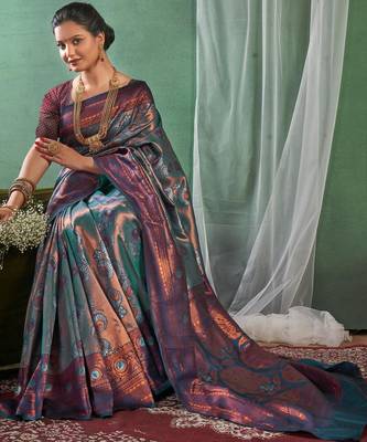 Fashionable rama green woven silk cotton saree with unstitched blouse 3