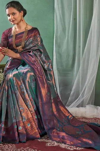 Fashionable rama green woven silk cotton saree with unstitched blouse