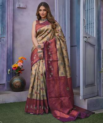 Embellished cream self design pure silk gift saree with unstitched blouse 1