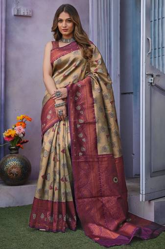 Embellished cream self design pure silk gift saree with unstitched blouse