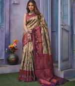 Embellished cream self design pure silk gift saree with unstitched blouse