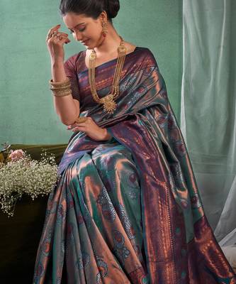 Fashionable rama green woven silk cotton saree with unstitched blouse 4