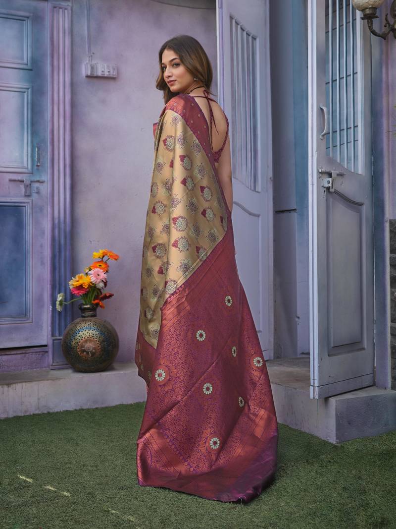 Embellished cream self design pure silk gift saree with unstitched blouse