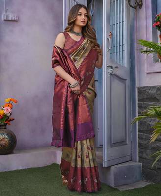 Embellished cream self design pure silk gift saree with unstitched blouse 3