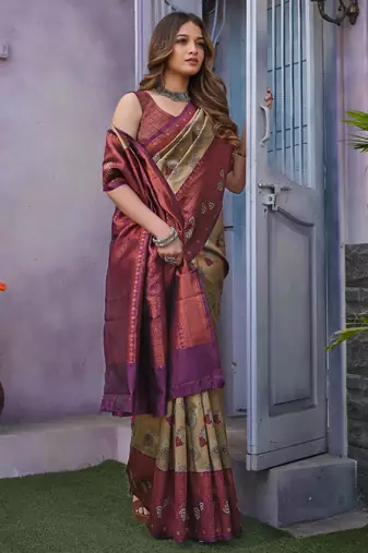 Embellished cream self design pure silk gift saree with unstitched blouse