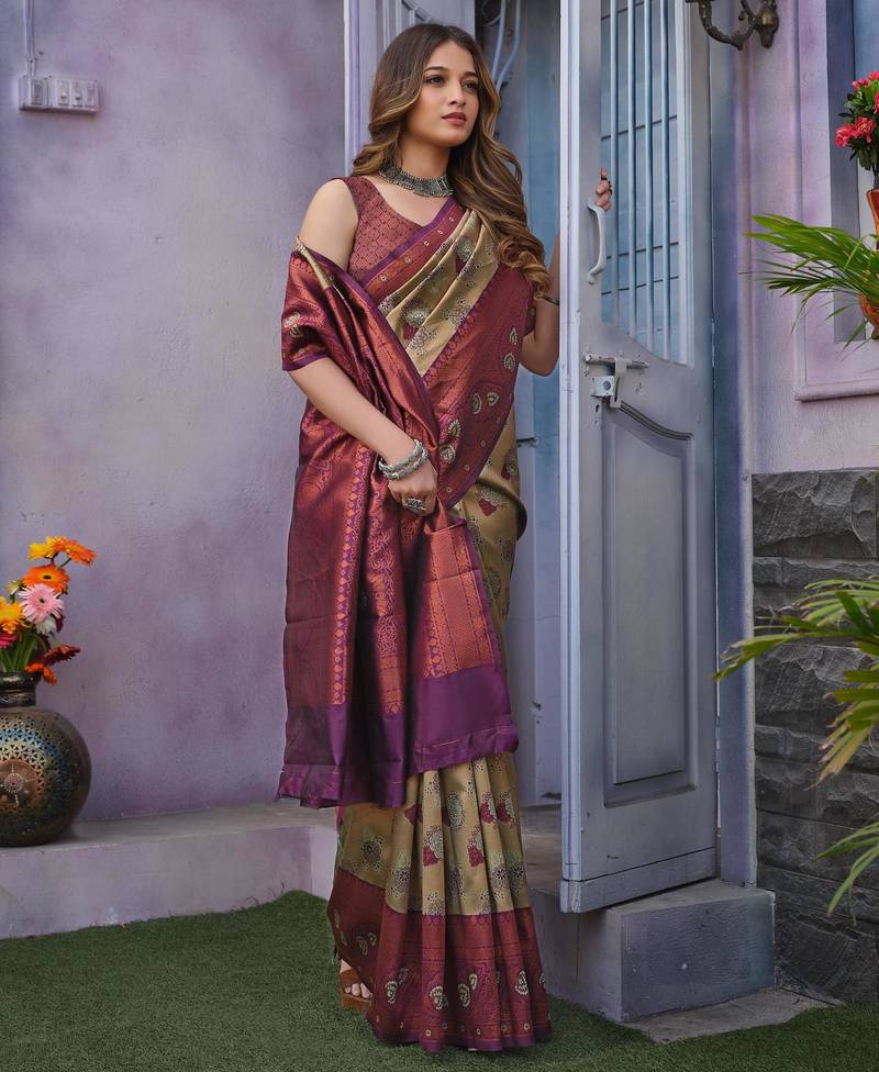 Embellished cream self design pure silk gift saree with unstitched blouse