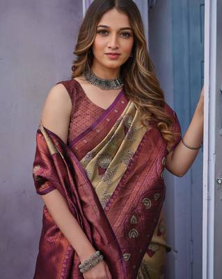 Embellished cream self design pure silk gift saree with unstitched blouse 4