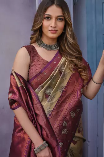 Embellished cream self design pure silk gift saree with unstitched blouse