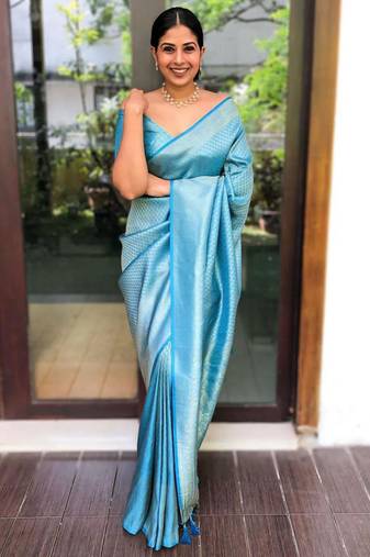 Elegance aqua blue woven silk cotton saree with unstitched blouse