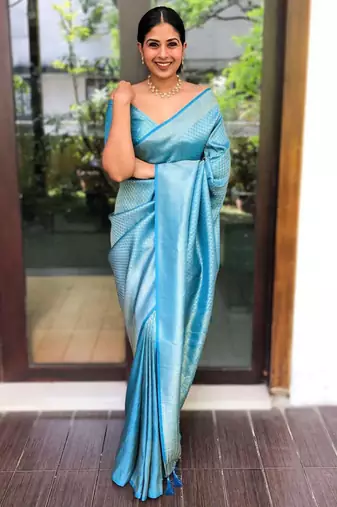 Elegance aqua blue woven silk cotton bollywood saree with unstitched blouse