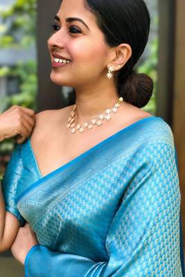 Elegance aqua blue woven silk cotton saree with unstitched blouse 2