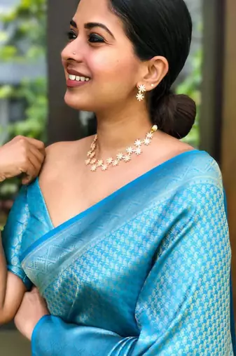 Elegance aqua blue woven silk cotton saree with unstitched blouse