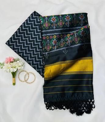 Balck Color Patola-Style Figure Print And Zari Lining Stripe Border art silk saree 1