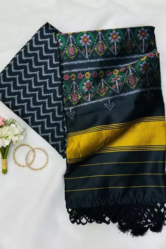 Balck Color Patola-Style Figure Print And Zari Lining Stripe Border silk Saree