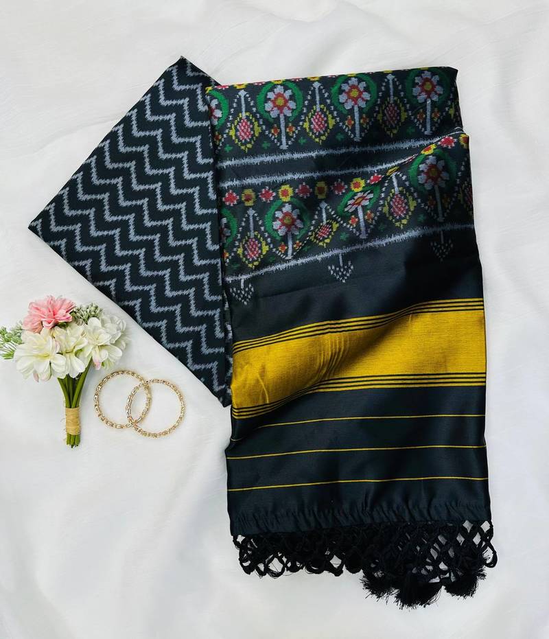 Balck Color Patola-Style Figure Print And Zari Lining Stripe Border silk Saree