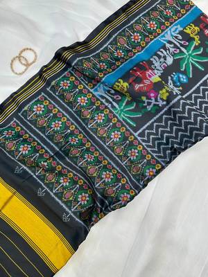 Balck Color Patola-Style Figure Print And Zari Lining Stripe Border art silk saree 2