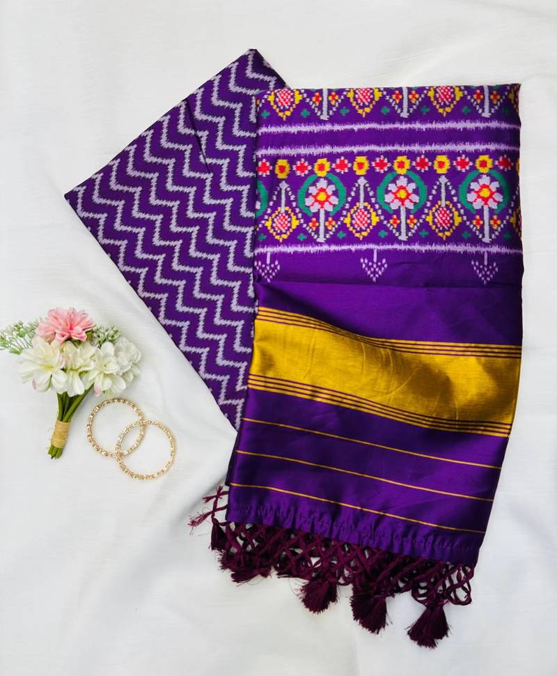 Purple Color Patola-Style Figure Print And Zari Lining Stripe Border silk Saree