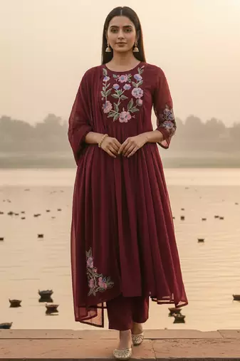 Label divine attire women red silk blend floral embroidered kurta pant set with dupatta