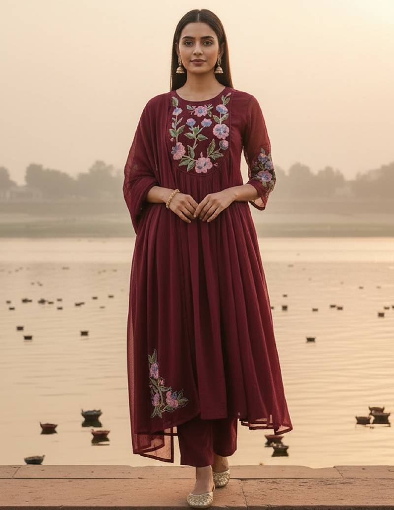 Label divine attire women red silk blend floral embroidered kurta pant set with dupatta