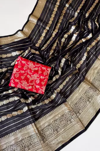Black Color Jari Jaqurad Weaving Work Georgette Saree