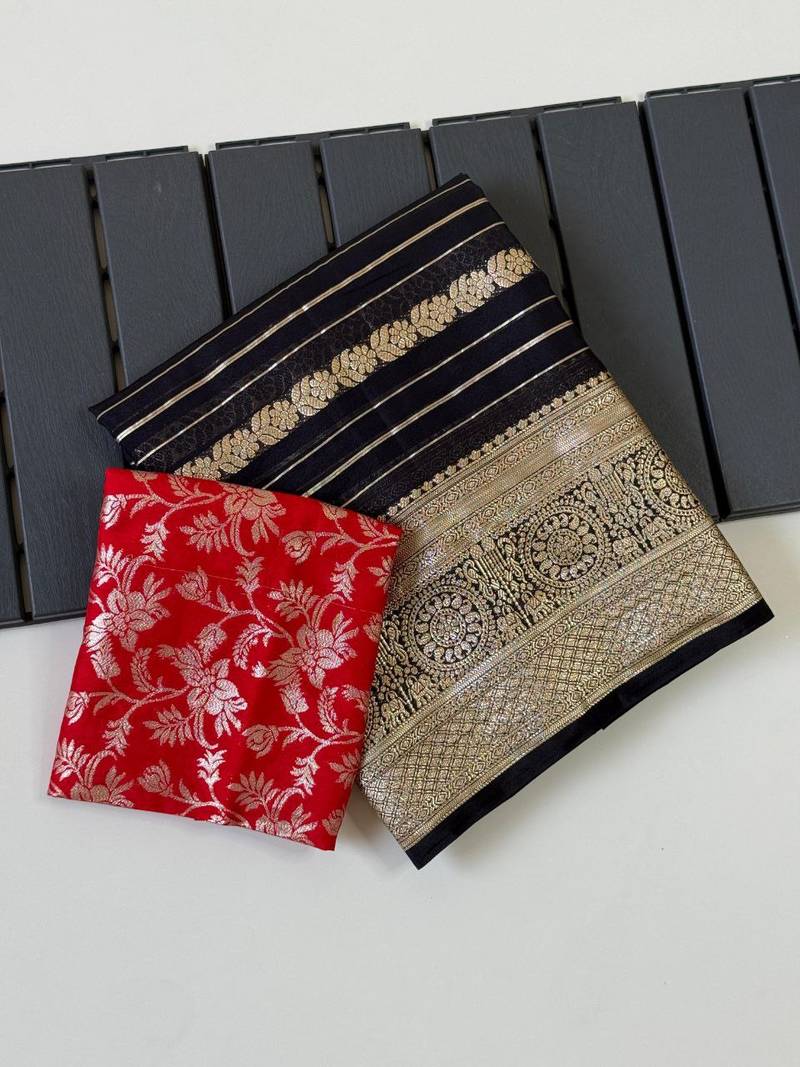 Black Color Jari Jaqurad Weaving Work Georgette Saree