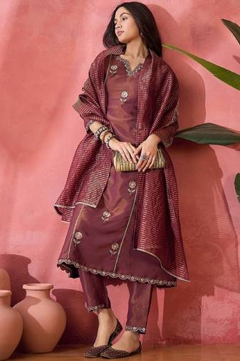 Label divine attire women’s maroon shimmer silk blend floral embroidered kurta pant set with dupatta