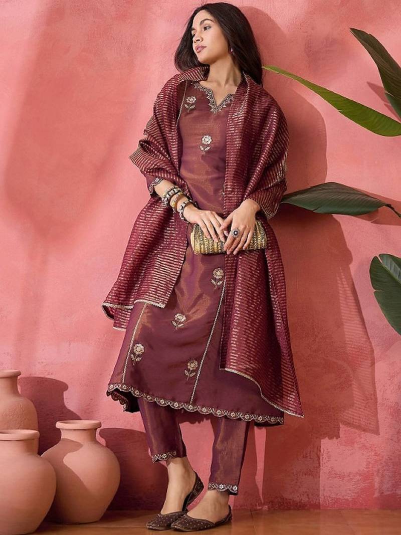 Label divine attire women’s maroon shimmer silk blend floral embroidered kurta pant set with dupatta