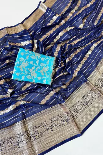 Navy Blue Color Jari Jaqurad Weaving Work Georgette Saree