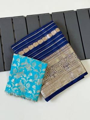 Navy Blue Color Jari Jaqurad Weaving Work georgettete Saree 1