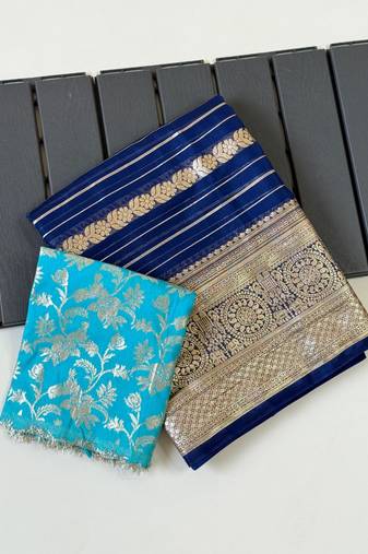 Navy Blue Color Jari Jaqurad Weaving Work Georgette Saree