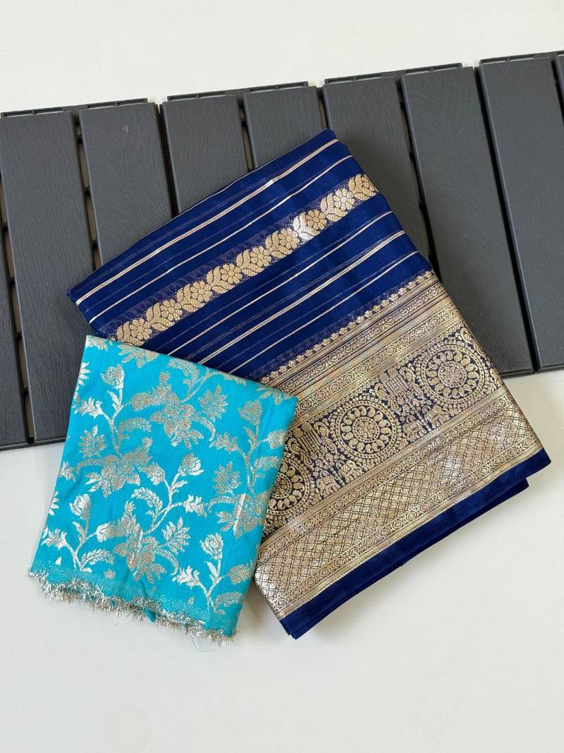 Navy Blue Color Jari Jaqurad Weaving Work Georgette Saree