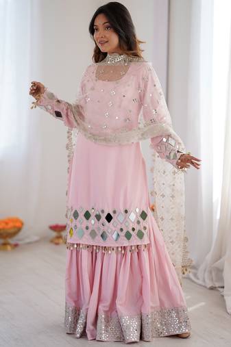 Beautiful Baby Pink Mirror Work Crepe Eid Special Sharara Suit