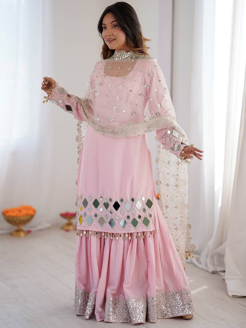 Beautiful Baby Pink Mirror Work Crepe Eid Special Sharara Suit