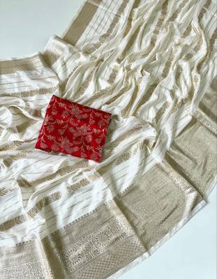 Off White Color Jari Jaqurad Weaving Work Georgette Saree 2