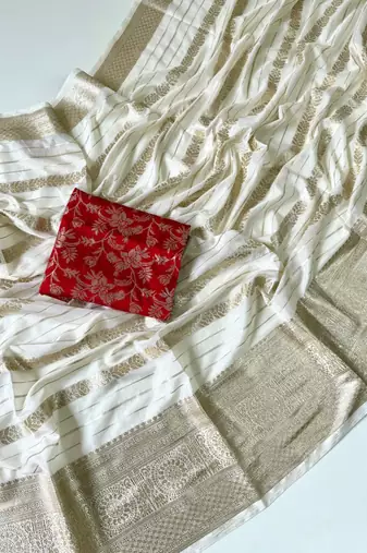 Off White Color Jari Jaqurad Weaving Work Georgette Saree
