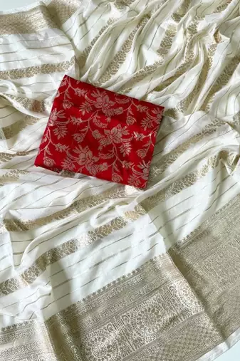 Off White Color Jari Jaqurad Weaving Work Georgette Saree