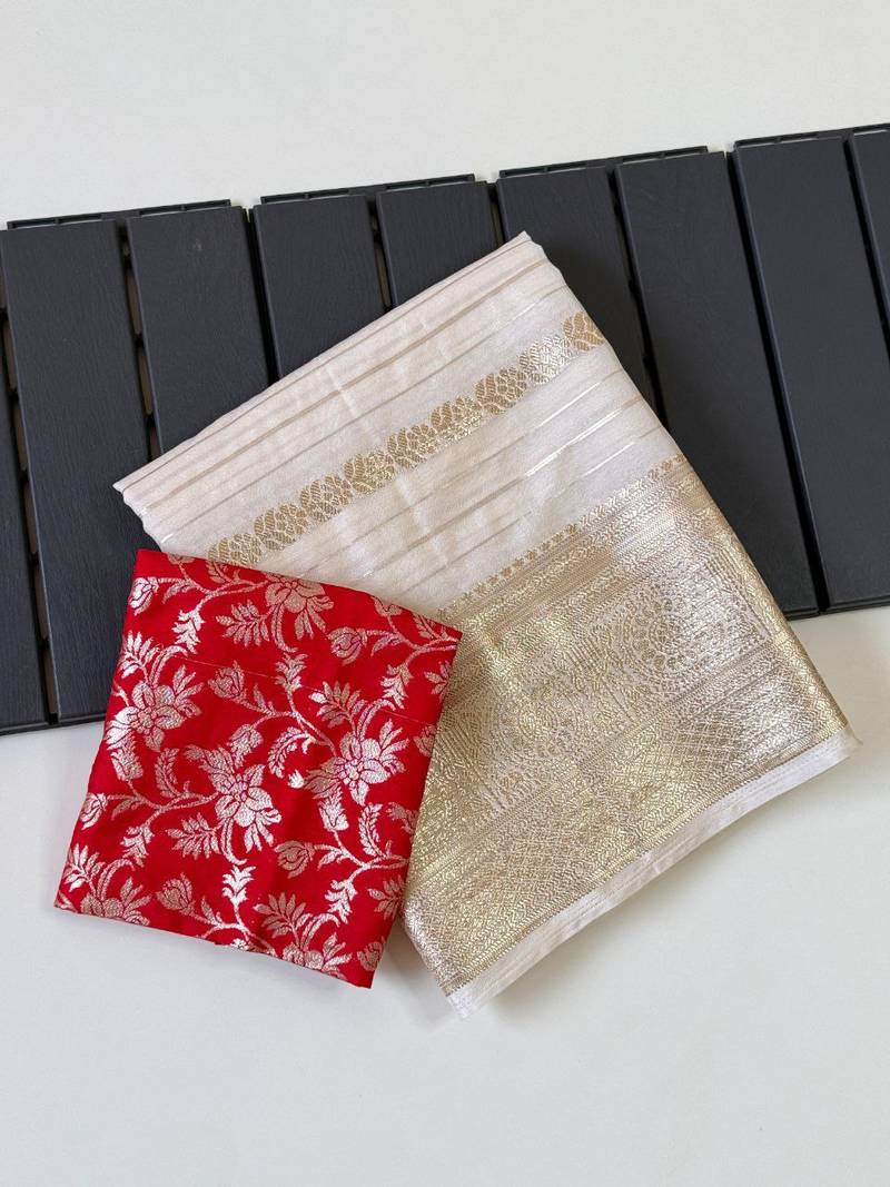 Off White Color Jari Jaqurad Weaving Work Georgette Saree