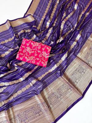 Purple Color Jari Jaqurad Weaving Work Georgette Saree 2