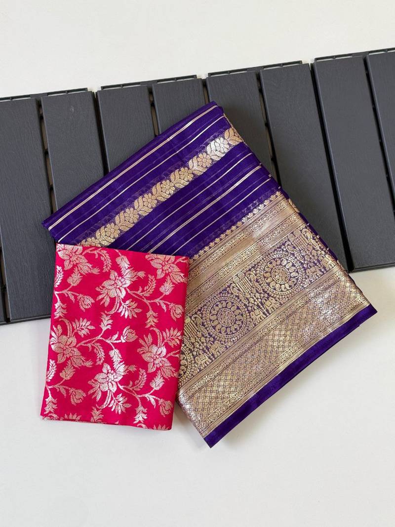 Purple Color Jari Jaqurad Weaving Work Georgette Saree