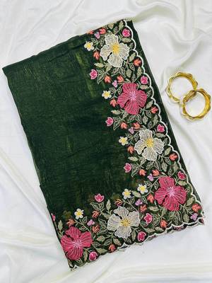 Green Color Multi thread embroidery cut work Crunchy art silk saree 1