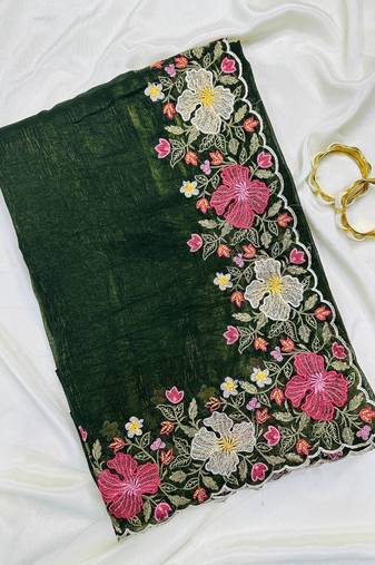 Green Color Multi thread embroidery cut work Crunchy silk Saree