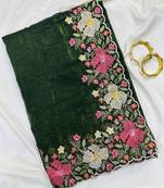 Green Color Multi thread embroidery cut work Crunchy silk Saree