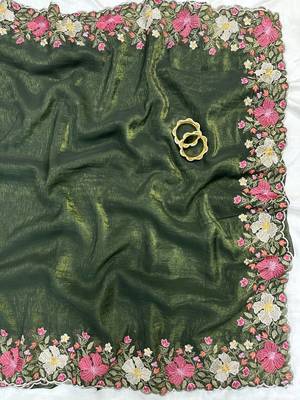 Green Color Multi thread embroidery cut work Crunchy art silk saree 2
