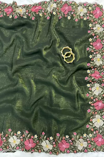 Green Color Multi thread embroidery cut work Crunchy art silk saree