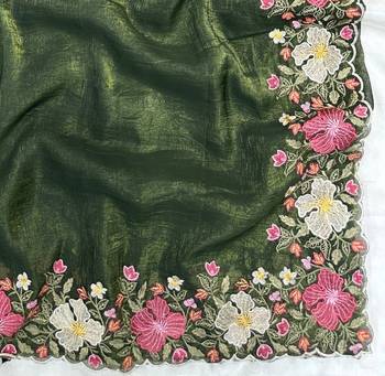 Green Color Multi thread embroidery cut work Crunchy art silk saree 3